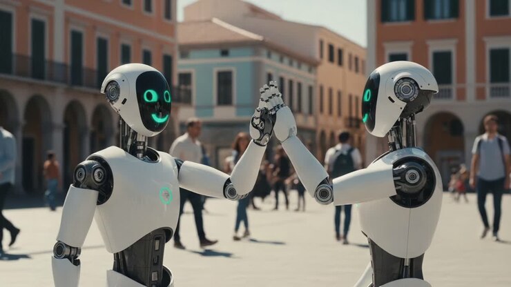 Two Friendly Robots Interacting and Engaging in a Joyful Moment in an Urban Environment, Fostering a Sense of Connection and Community Among Pedestrians