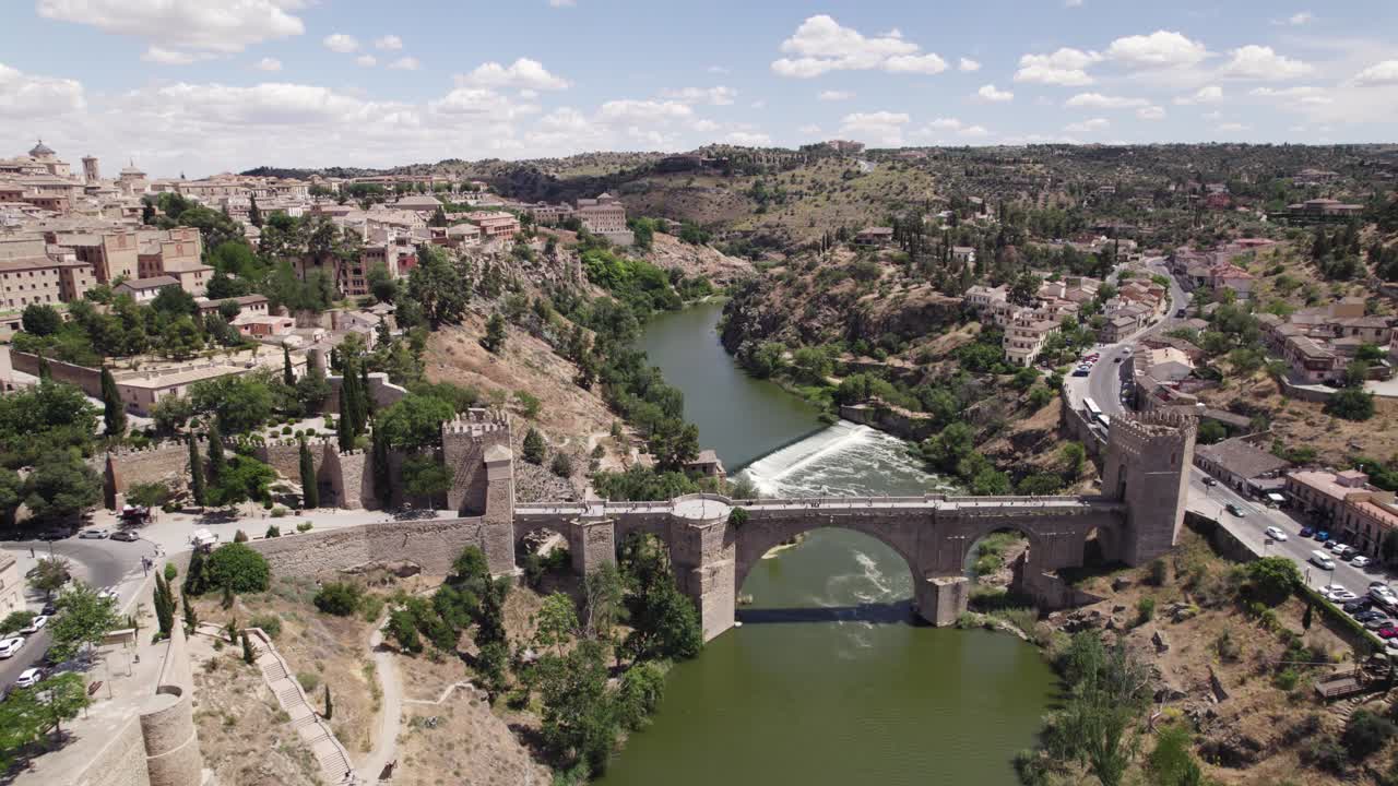 St Martin's medieval bridge in Toledo Spain spanning Tagus river, aerial view