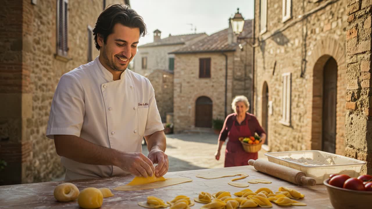 A Skilled Chef Preparing Fresh Pasta in a Quaint Village Setting, Surrounded by Nature and Traditional Architecture, Combining Culinary Artistry with Cultural Heritage