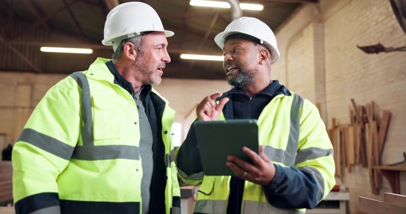 Two Construction Managers Discussing Project Plans on Tablet in Workshop