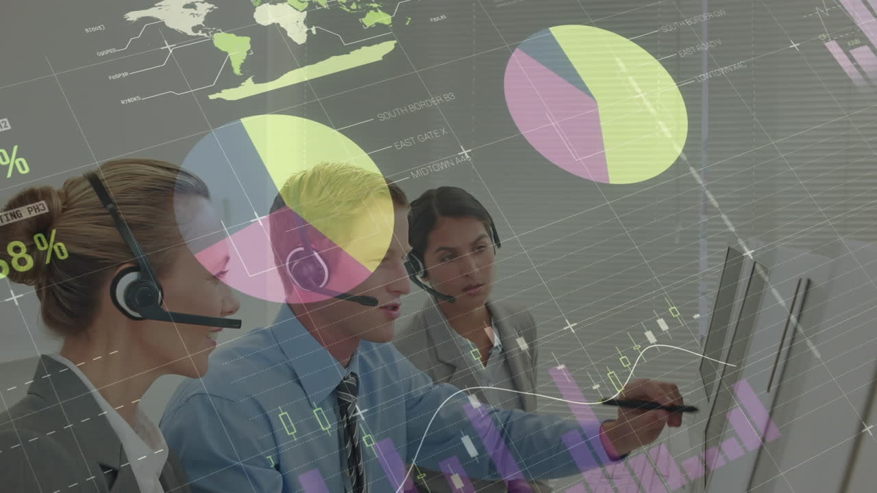 animación del registro de estadísticas sobre personas de negocios que usan auriculares telefónicos