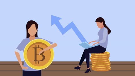 elegantes mujeres de negocios con bitcoins trabajadores personajes
