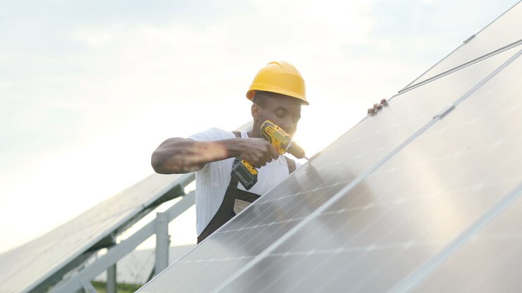 African american man in special uniform and protective helmet repairing a solar panel