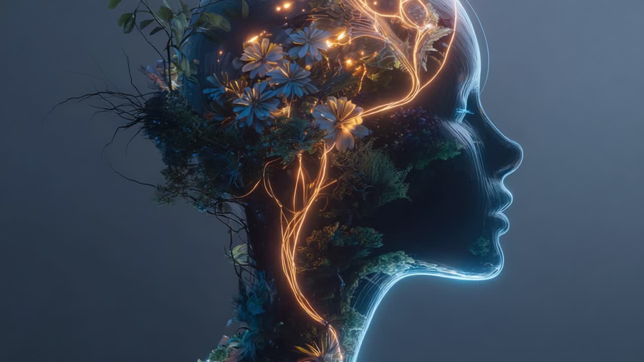 An Ethereal Fusion of Nature and Artistry, Showcasing a Striking Profile of a Female Figure Adorned with Vibrant Flora and Luminescent Details in a Dreamlike Setting