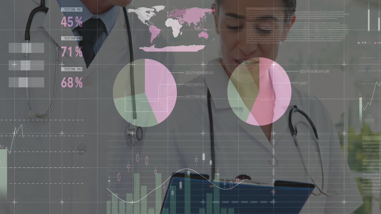 Discussing in hospital, doctors analyzing medical data with animated charts