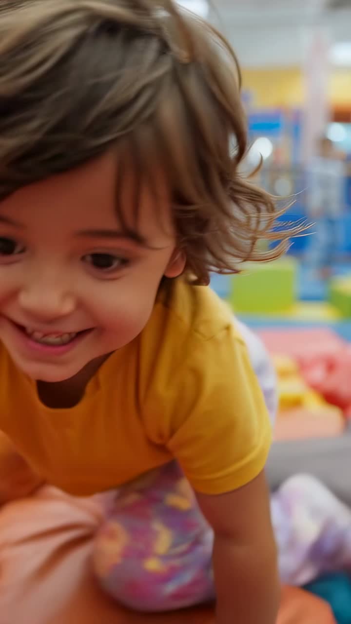 Video vertical: Niño sonriente con camiseta amarilla gateando sobre bloques de espuma y colchonetas de juego blandas, explorando.