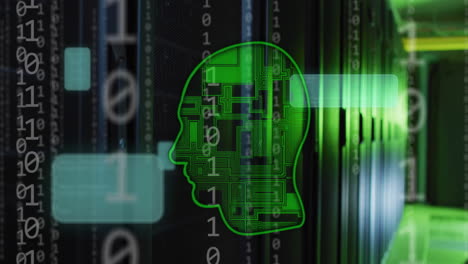 animation of head, binary coding data processing over computer servers