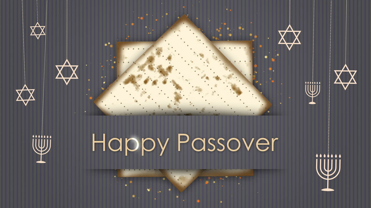 Happy Jewish Passover. Looped animation with symbols of Judaism. Festive matzah bread. Gray background with star of david and menorah.