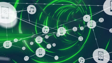 Animation of network of connections with icons over neon tunnel background
