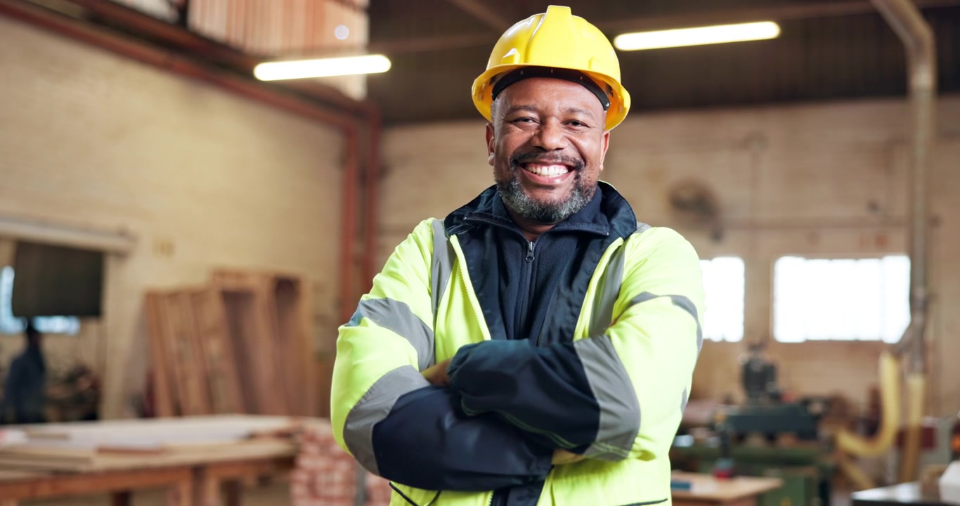 Smiling African American Construction Worker Standing in Workshop