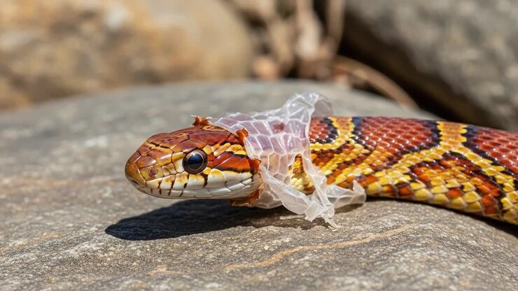 A Colorful Snake Shedding Its Skin: A Close-Up View of an Ornate Serpent on Rocky Terrain Capturing the Marvel of Natural Rejuvenation in Reptilian Life