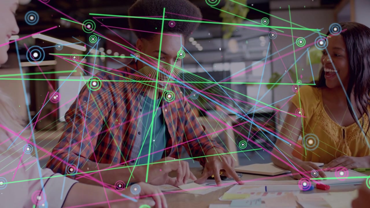 Man talking and sorting sticky notes after tech nodes appearing over table and growing for planning