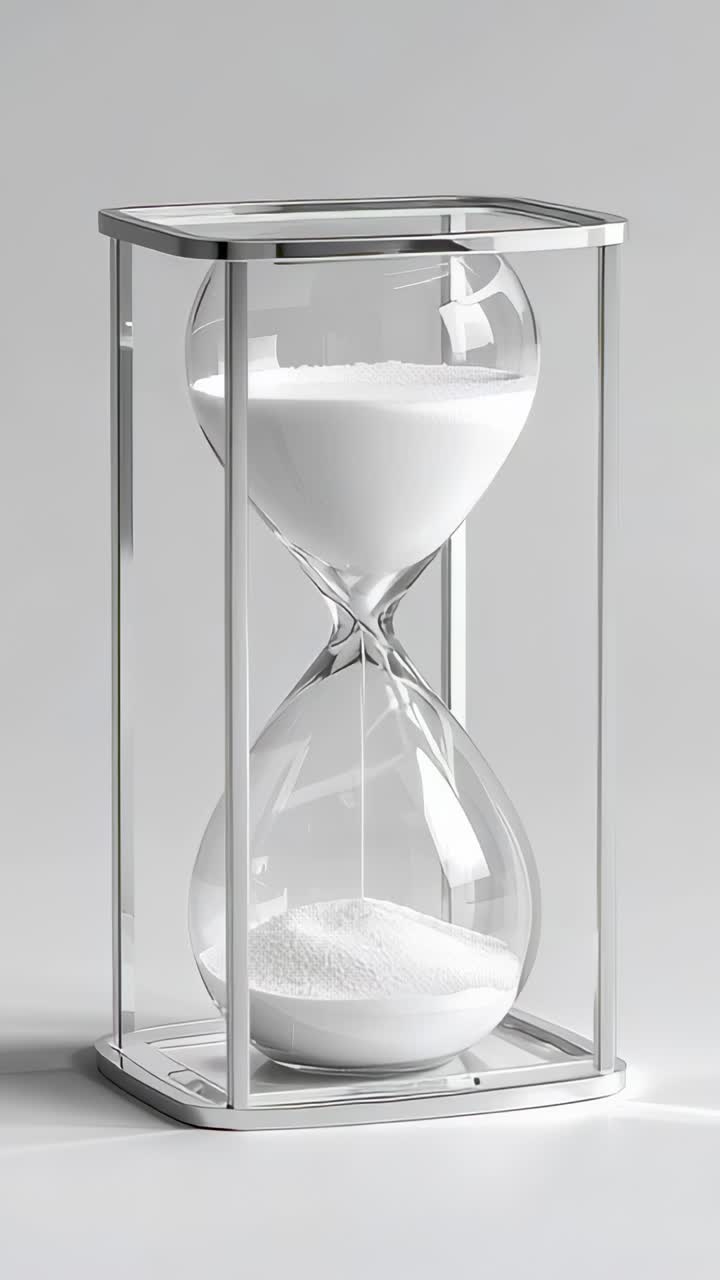 Vertical video: Gravity pulling hourglass pouring sand through neck on studio table, measuring time