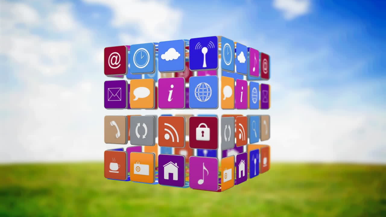 animación de un cubo con iconos digitales flotando sobre el paisaje