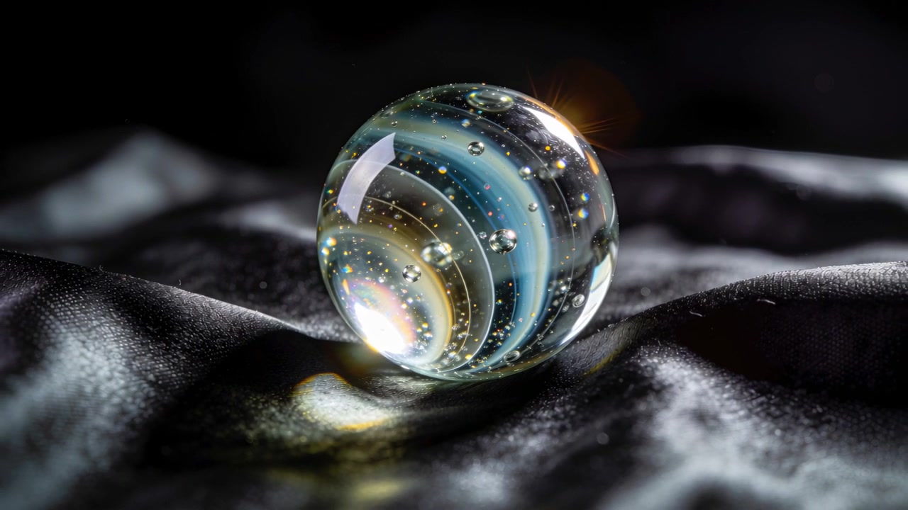 Shifting lights causing marble showing moving rings and bubbles on dark satin in studio, warm flare