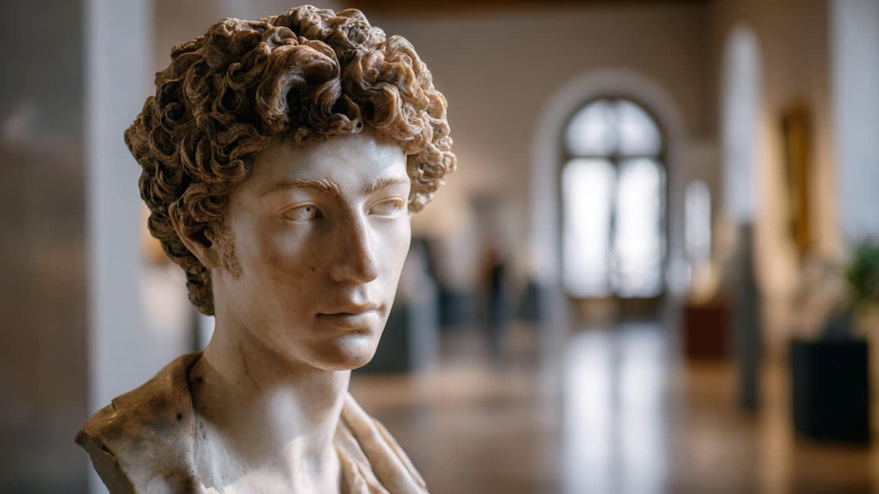 Detailed Study of a Classic Marble Bust in an Art Gallery, Capturing the Intricate Features and Rich Historical Context of the Sculpture's Artistic Heritage