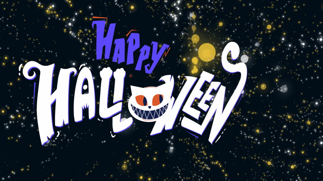Animation of happy halloween text over glowing lights on black background