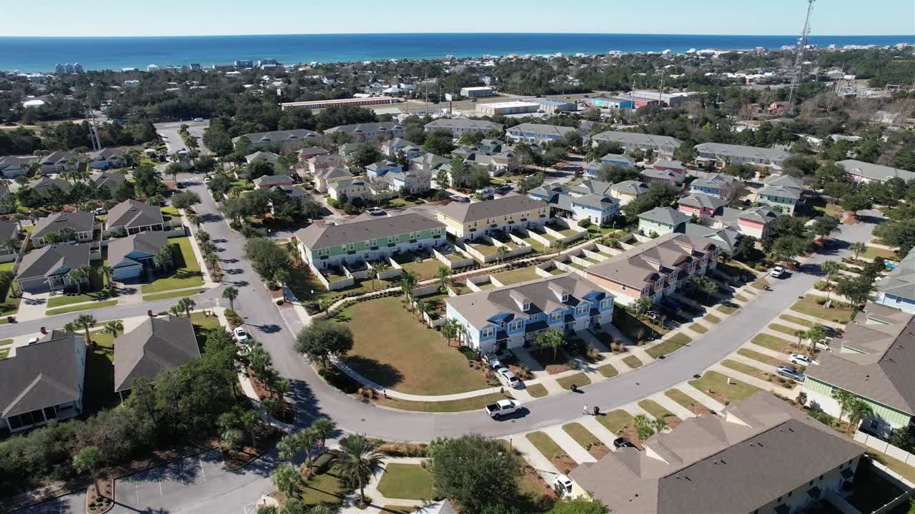 Panama City Beach Modern Houses In The Village On A Sunny Day At Summer In Florida, United States. - aerial