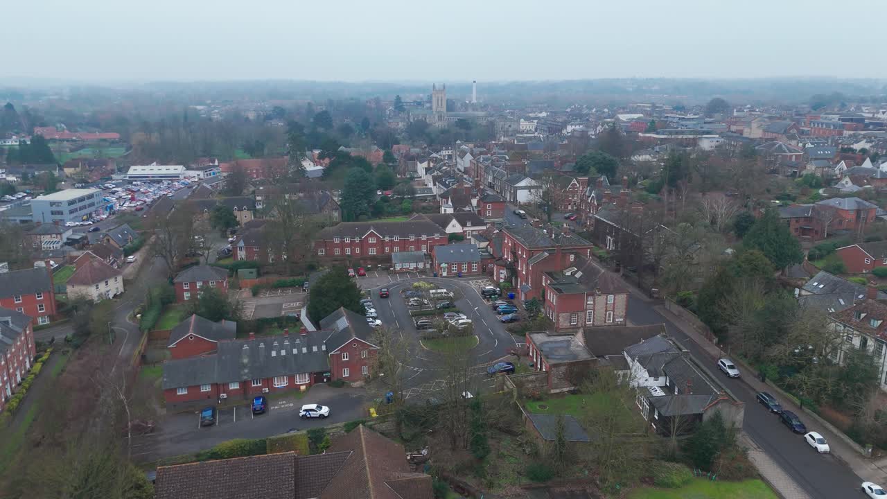 Bury st edmunds, showcasing historic buildings and lush greenery, aerial view