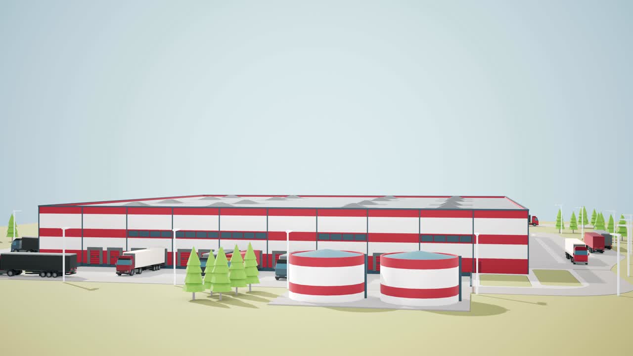 낮은 고도에서 공중 도 카메라 뷰 로지스틱 창고와 세미 트럭과 트레일러가 로딩 및 해상 도크 근처에 있습니다.