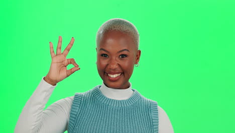 a woman giving an okay sign in front of a green screen