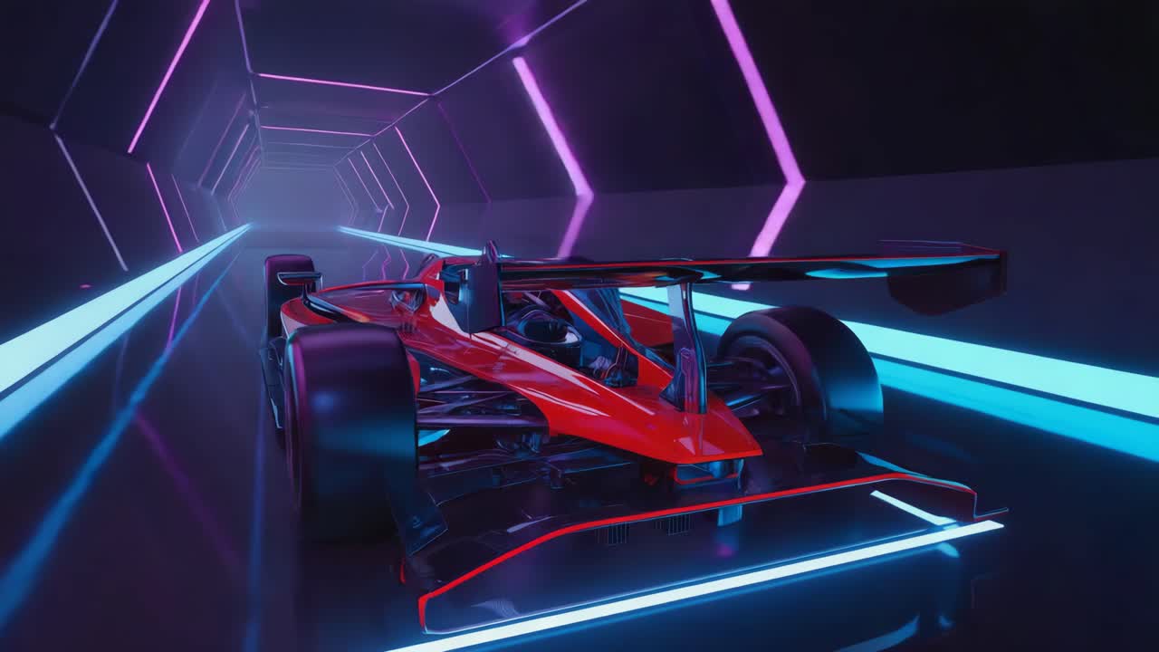 Red Formula Race Car in a Futuristic Neon Tunnel