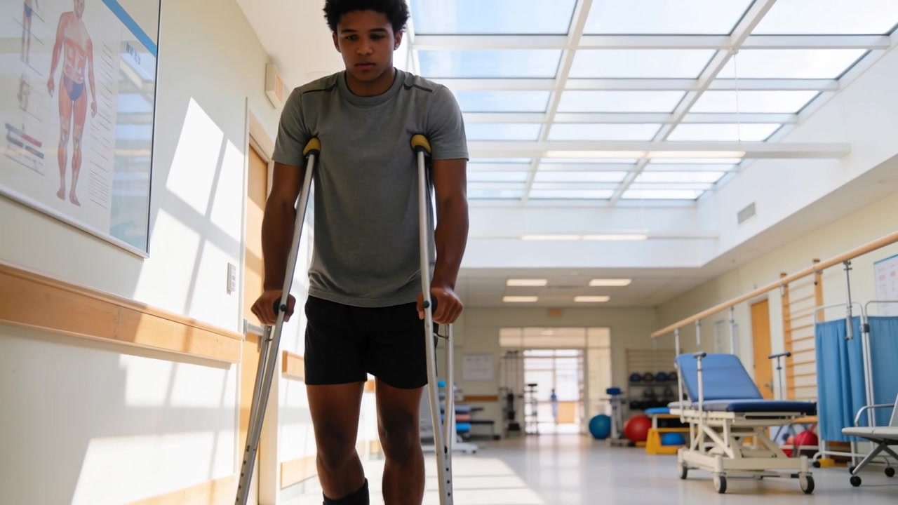 Walking teen using crutches in rehab hall for therapy, wearing athletic shirt and medical boot