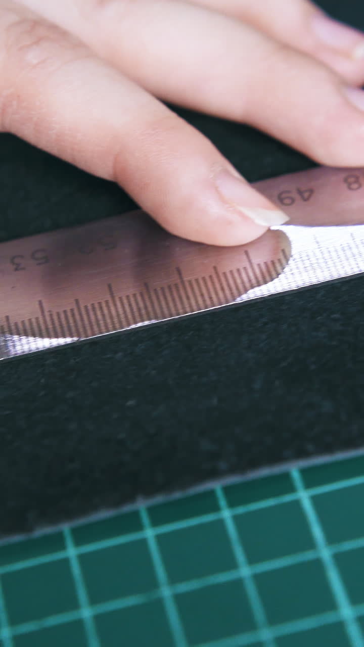CU: Professional designer checks black leather fabric measures with rulers on green cutting board extreme close view