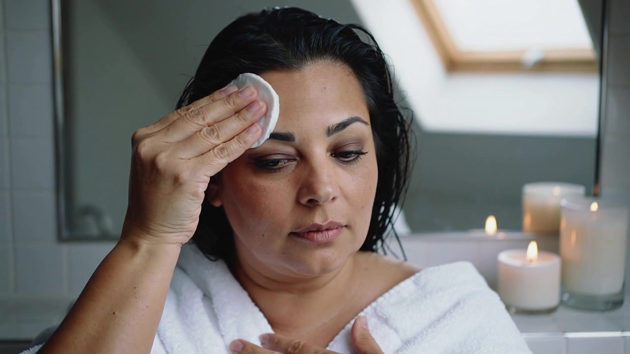 Wiping woman wearing robe removing makeup across face post-shower at tub ledge, cotton pad, candles