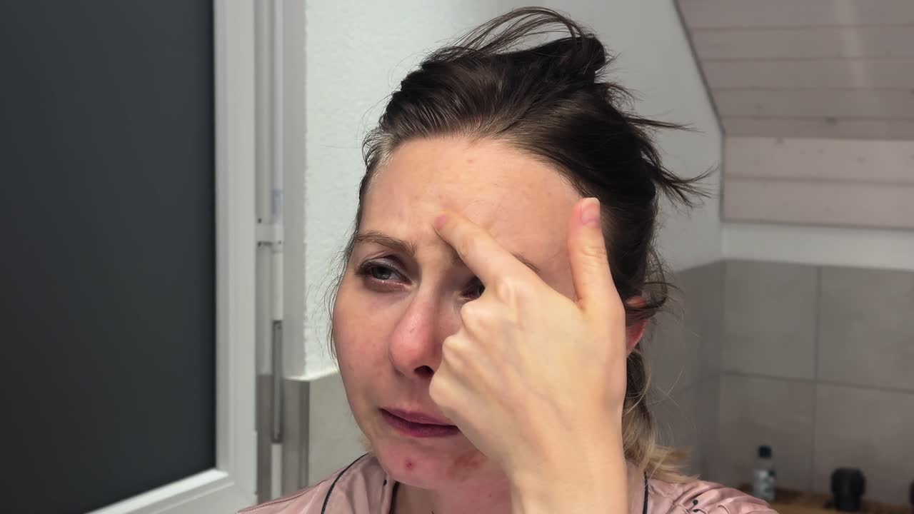 Donna che si guarda il viso allo specchio e si sente delusa per l'acne e le imperfezioni della pelle. Ideale per concetti di cura della pelle, problemi di bellezza e dermatologia.