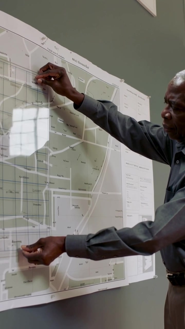 Vertical video: Map review man placing tool on wall map in office aligning grid in shirt