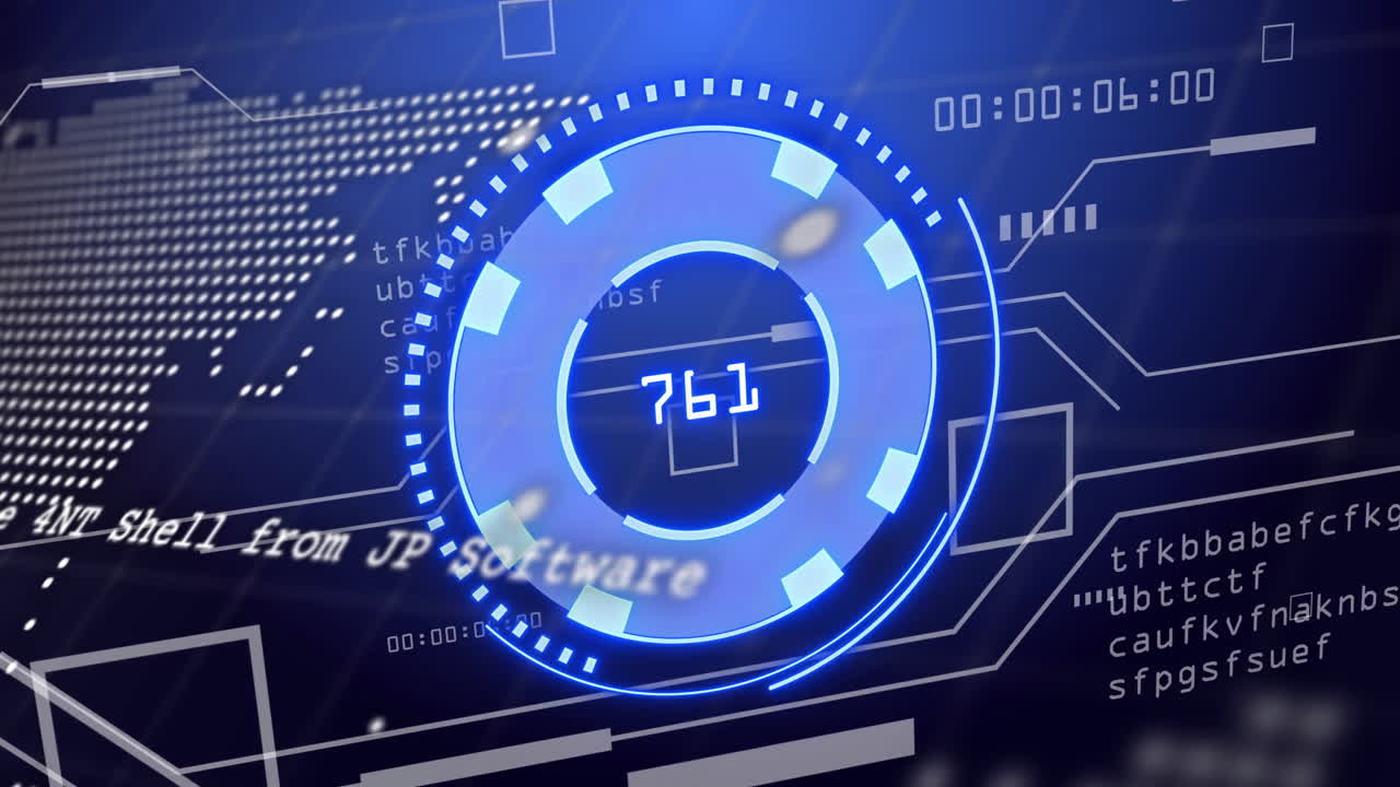 Futuristic data processing animation with circular interface over digital codes