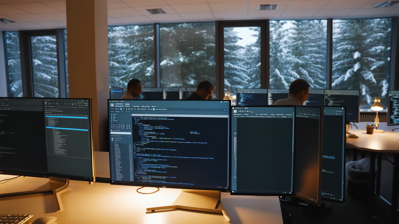 Programmers Working in a Tech Office with Multiple Monitors and a Snowy Forest View