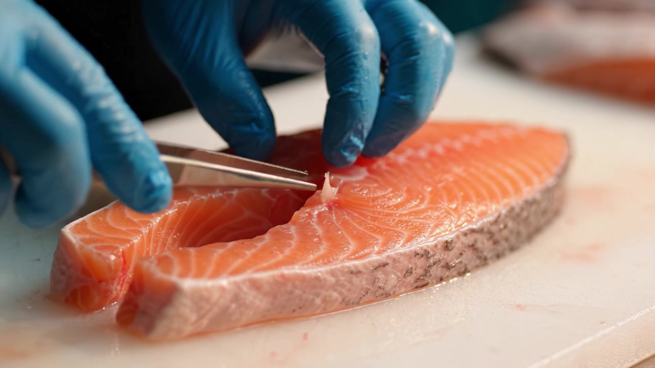 Preparazione esperta di filetto di salmone fresco con strumenti di precisione per l'eccellenza culinaria in un ambiente di cucina professionale focalizzato su tecniche di preparazione del pesce di qualità.