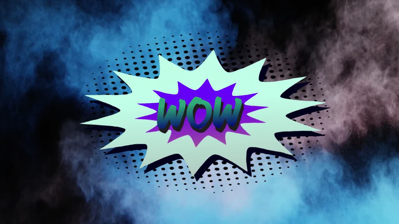 wow texto en el discurso retro burbuja contra la explosión de humo en fondo negro