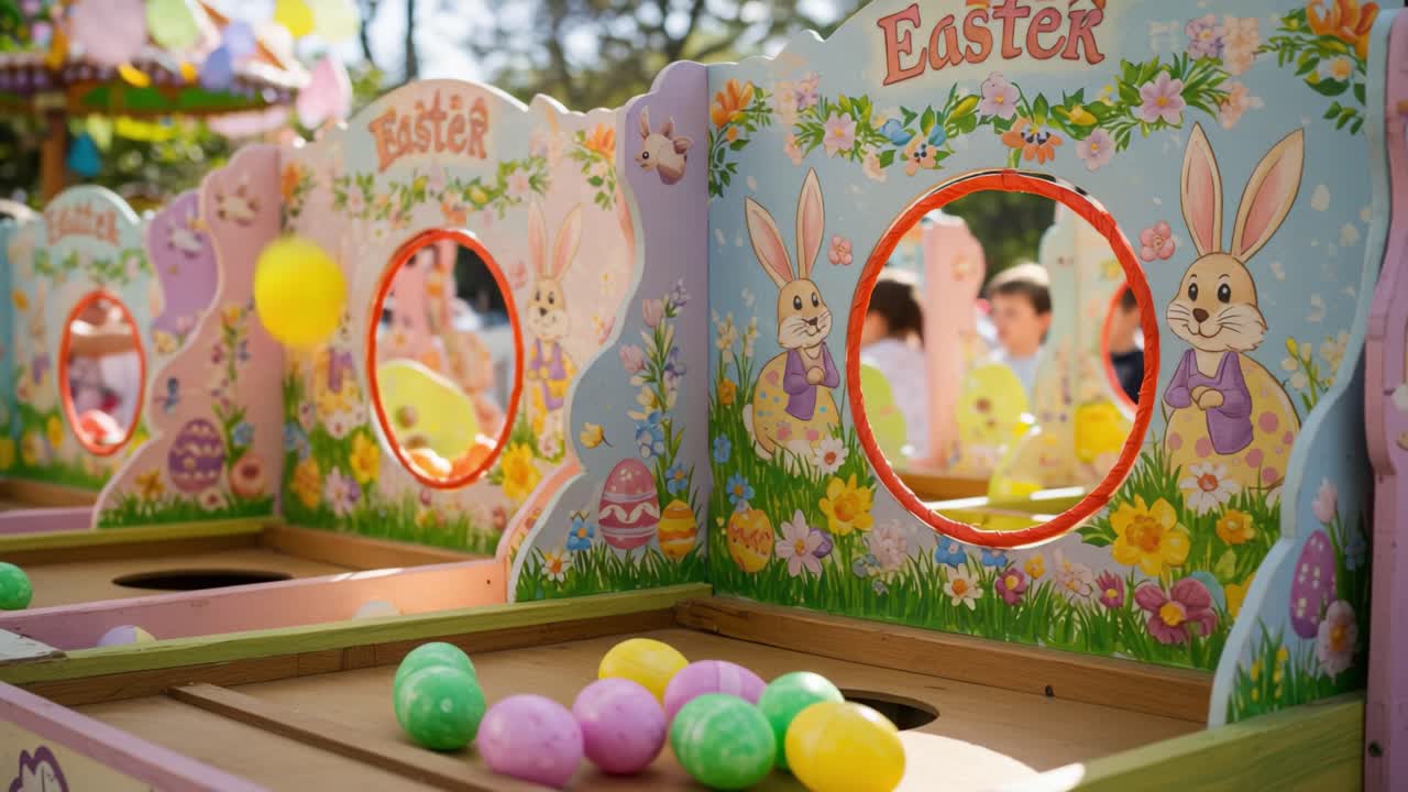 春の祝日に家族で楽しむのにぴったりの、遊び心のあるウサギと鮮やかなイースターエッグを使った、お祭り気分のゲームブースが特徴的な、カラフルなイースターのお祝い