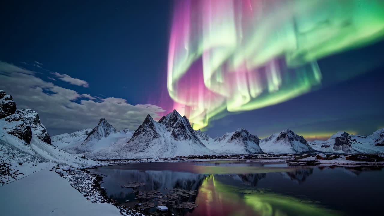 A mesmerizing wide-angle video captures the Northern Lights over snowy mountains