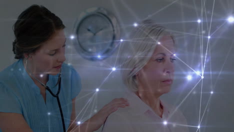 nurse using stethoscope on patient back with wall clock, digital overlay showing health data