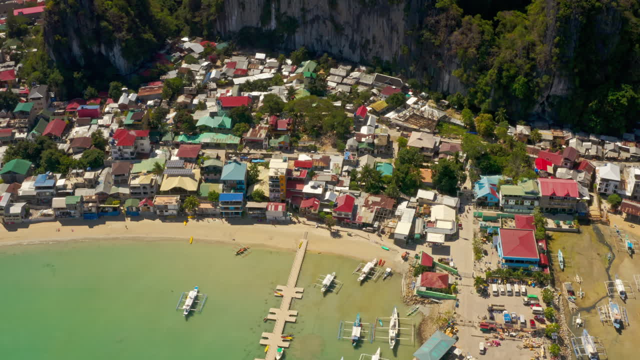 Aerial View of El Nido Town and Bay with Traditional Boats, Palawan, Philippines