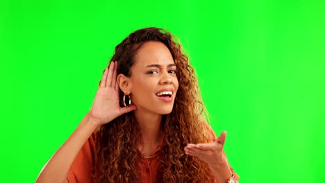 mujer, escuchando y mano por oreja por pantalla verde