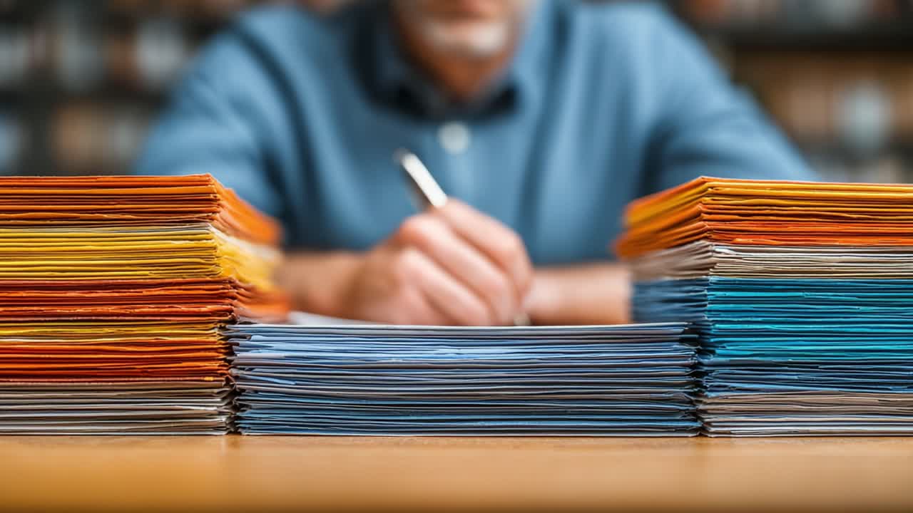 Focused individual reviewing and organizing colorful paper documents in a library setting, emphasizing the importance of paperwork and attention to detail in work processes