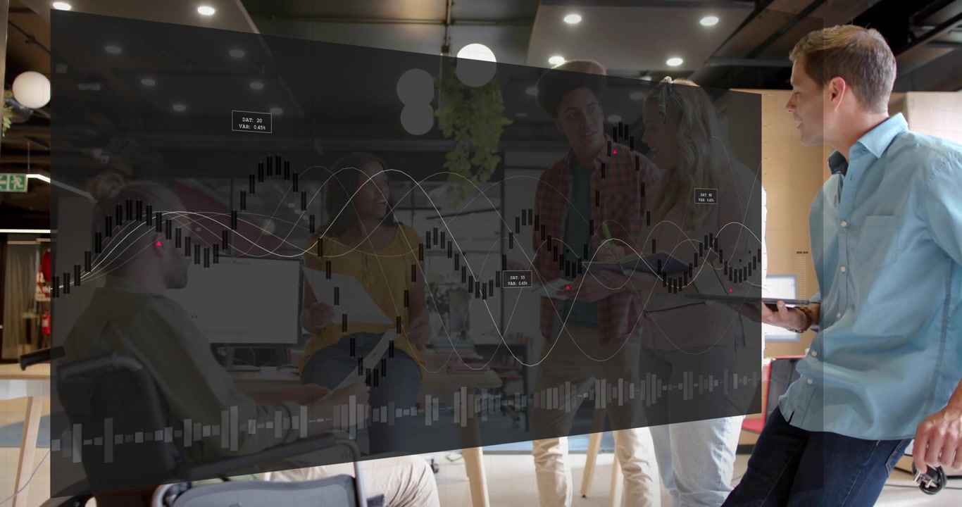 Team watching glass screen, man tapping tablet starting waveforms into rich charts for tech review