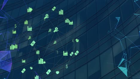 Animation-of-network-of-connections-with-icons-over-cityscape