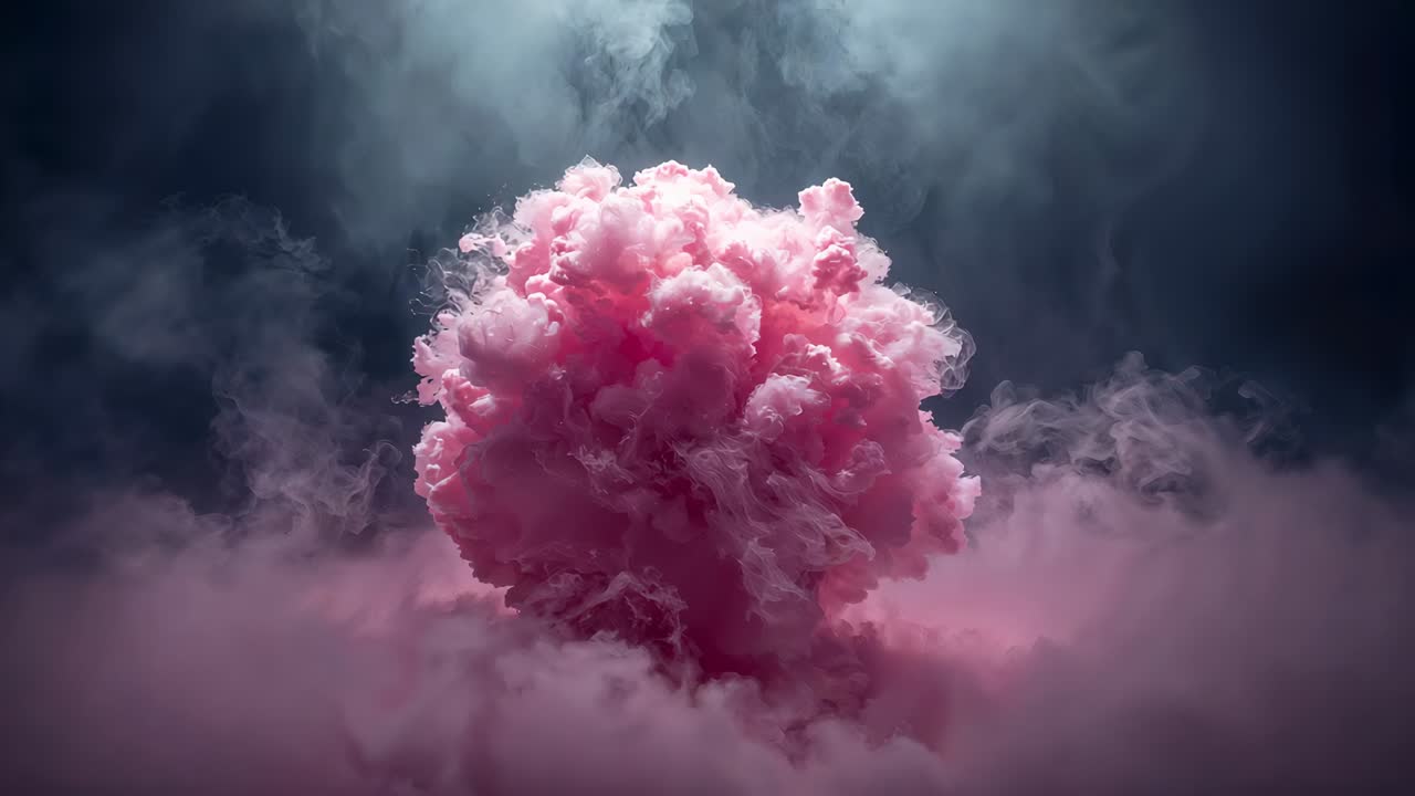 Swelling dense pink vapor cloud expanding through studio frames, filling view and blending with fog