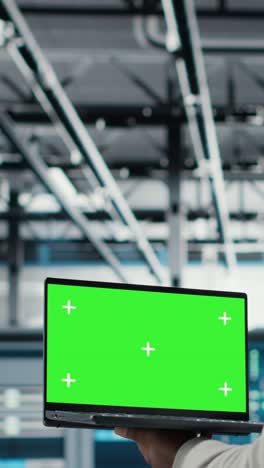 vertical video data center admin using isolated screen laptop to monitor neural network ai