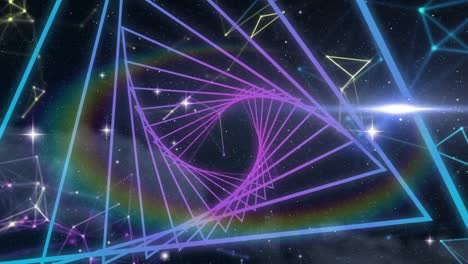 digital animation of triangle shapes spinning in seamless motion against shining stars in space