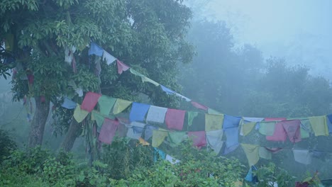 misty blue buddhist prayer flags in nepal, religious prayer flags in mist and nature in forest scenery landscape in foggy moody blue atmospheric mood scene in the himalayas in tranquil peaceful scene