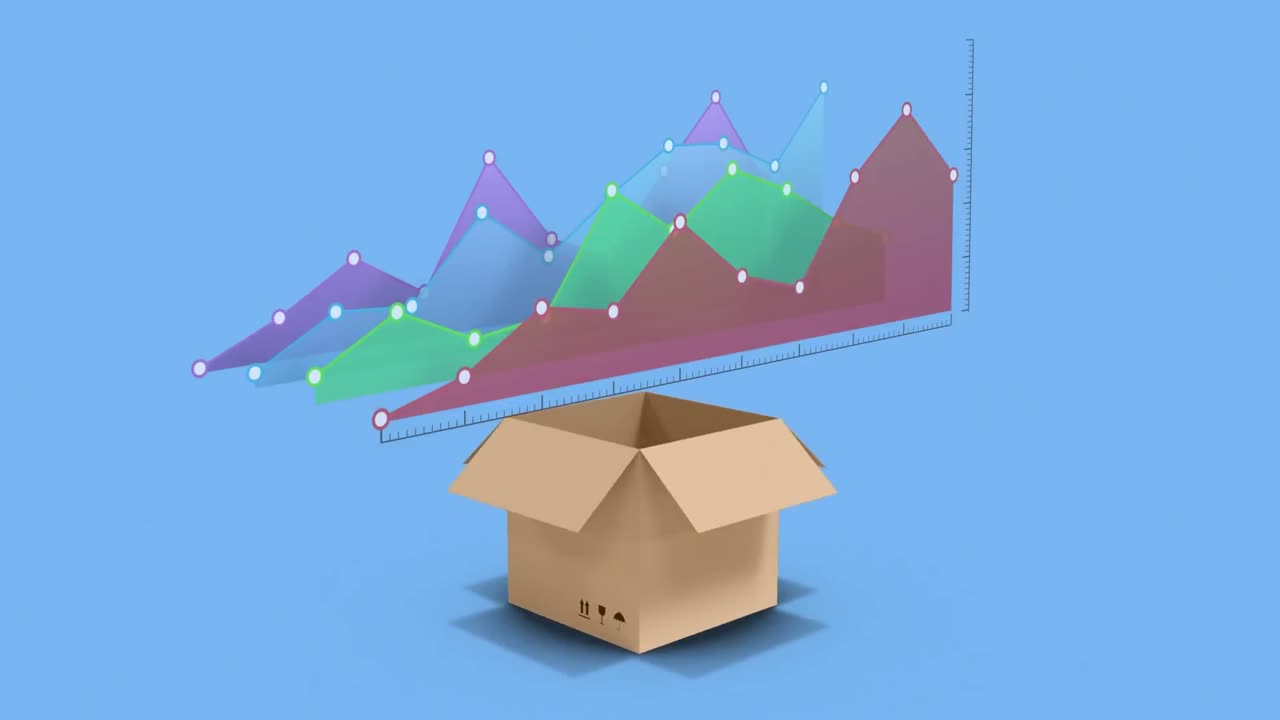 Premium stock video - Colourful graph and opening box on blue background