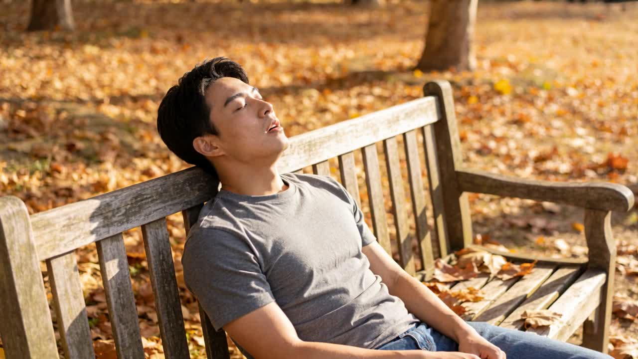 グレーのTシャツとジーンズを着用した男性が公園のベンチで昼寝をしており、太陽の光が顔と葉を温めている。