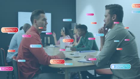Animation-of-notification-bars-with-numbers-over-diverse-male-colleagues-discussing-in-meeting